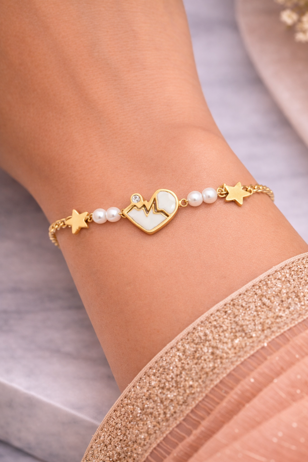 Shineaura Gold Plated Heartbeat Charm Bracelet for Women & Girls – Pearl Beaded Anti-Tarnish Bracelet - Image 2